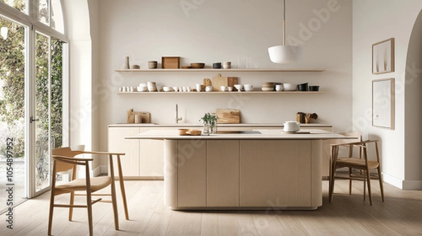Fototapeta A modern kitchen featuring minimalist design with light wood cabinetry, open shelving, and spacious island. serene atmosphere is enhanced by natural light streaming in through large windows