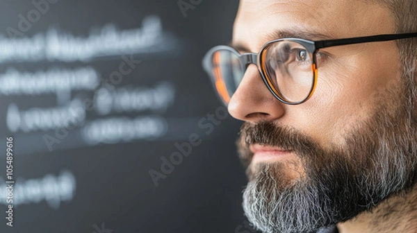 Fototapeta A thoughtful man with glasses gazes intently, reflecting on ideas and concepts. His beard and focused expression convey sense of wisdom and contemplation
