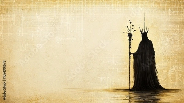 Fototapeta A stunning portrait of an ageless wizard standing tall with a mystical staff emblematic of timeless wisdom and power in a dreamlike realm