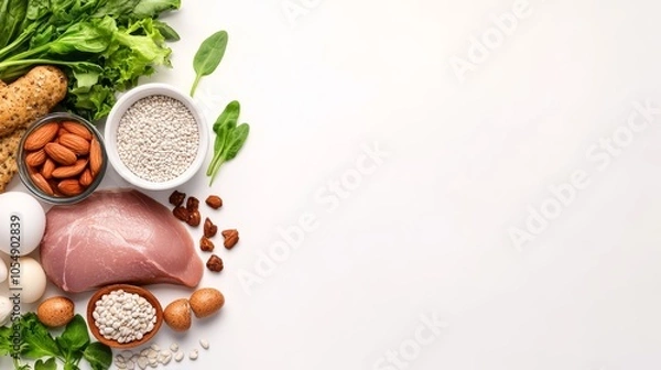 Fototapeta Wholesome food choices, chicken, eggs, spinach, and nuts for nutritious balanced diet