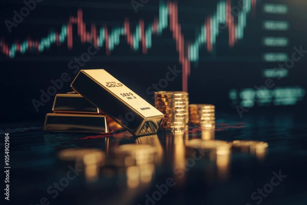 Fototapeta Gold bars and coins on table with stock market chart in background