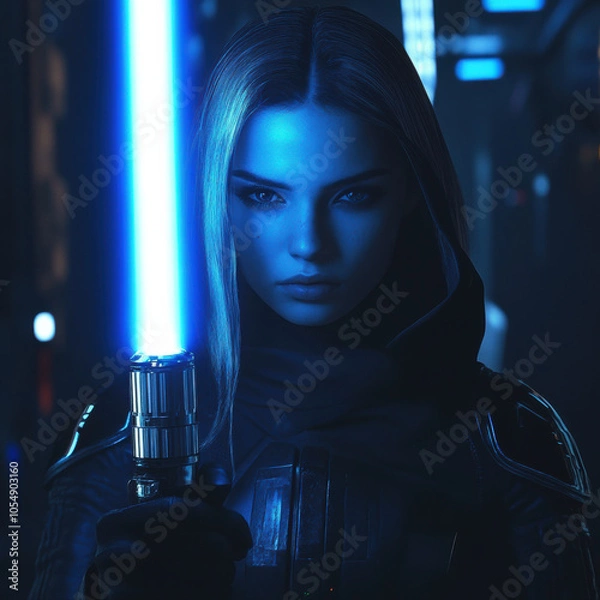 Fototapeta young woman with determined expression wields blue lightsaber in futuristic setting