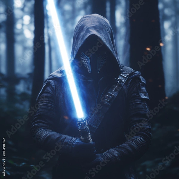 Fototapeta hooded figure wielding blue lightsaber in mysterious forest, radiating power and intensity