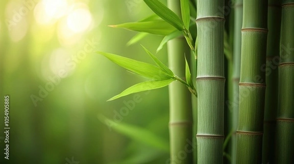 Fototapeta Green bamboo stalks growing in bright sunlight with blurred background