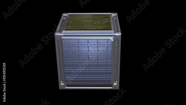 Obraz Cubesat, nanosatellite. Shiny metal box with solar panels. 
3d render illustration.