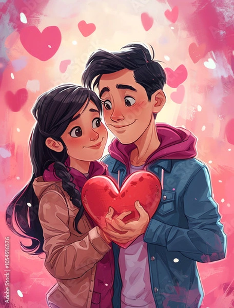 Obraz  A cartoon-style illustration of an Asian couple holding hands and smiling, surrounded by heart-shaped decorations. 