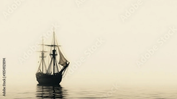 Fototapeta Silhouette of a Sailing Ship in the Mist Ocean Sea Seascape Nautical Background
