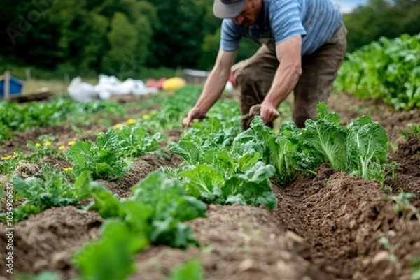 Fototapeta A farmer applying natural fertilizers to a field of organic vegetables, using composted manure and mulch to enhance soil health.