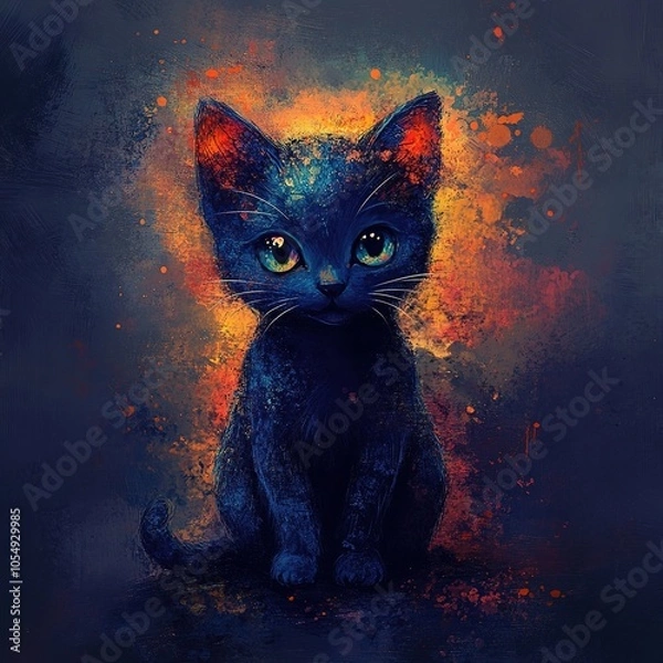 Fototapeta A cute black kitten sits in front of a colorful, abstract background.