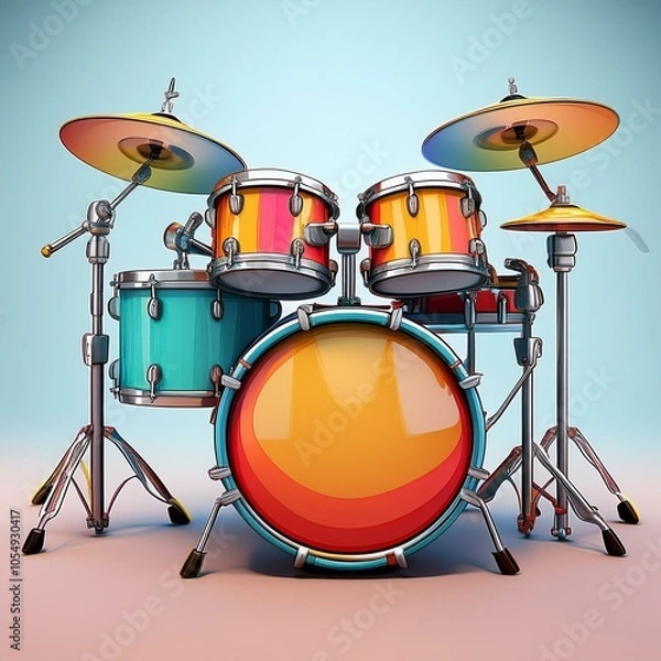 Fototapeta 3D illustration of a colorful cartoon-style drum set, ideal for use in animations, children’s media, and playful design projects.