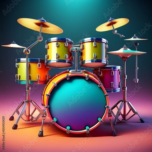 Fototapeta 3D illustration of a colorful cartoon-style drum set, ideal for use in animations, children’s media, and playful design projects.