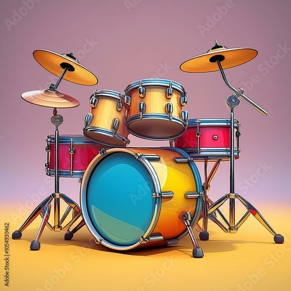 Fototapeta 3D illustration of a colorful cartoon-style drum set, ideal for use in animations, children’s media, and playful design projects.