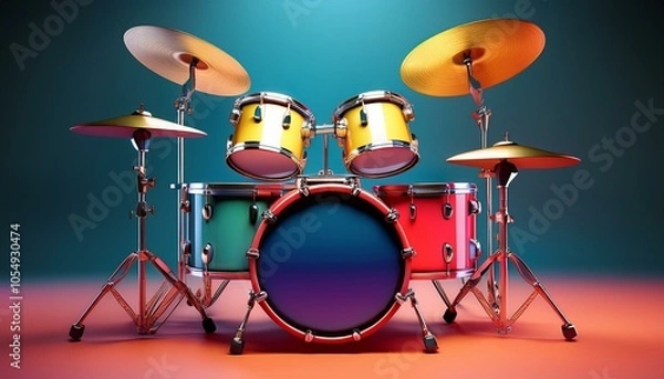 Fototapeta 3D illustration of a colorful cartoon-style drum set, ideal for use in animations, children’s media, and playful design projects.