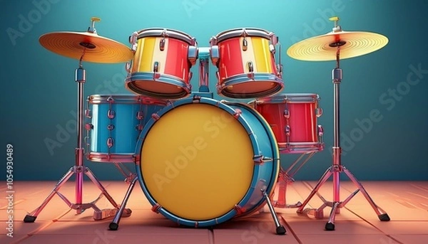 Fototapeta 3D illustration of a colorful cartoon-style drum set, ideal for use in animations, children’s media, and playful design projects.