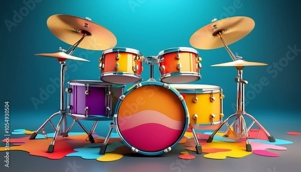 Obraz 3D illustration of a colorful cartoon-style drum set, ideal for use in animations, children’s media, and playful design projects.