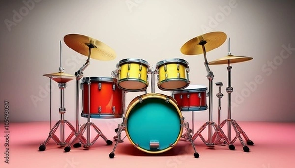 Fototapeta 3D illustration of a colorful cartoon-style drum set, ideal for use in animations, children’s media, and playful design projects.