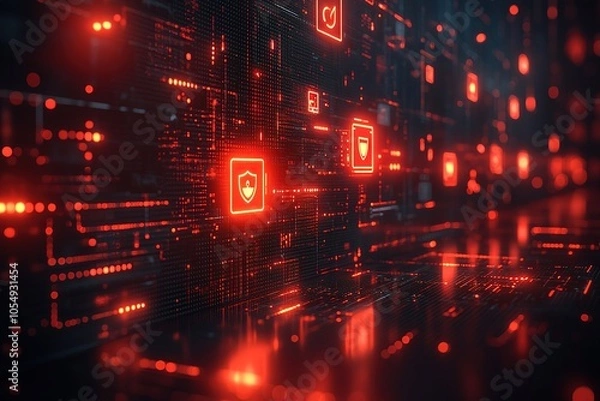 Fototapeta A futuristic digital background depicting a circuit board with glowing red security icons.