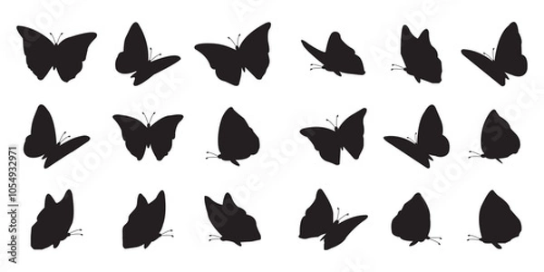 Fototapeta Flying butterflies icon symbols black silhouette vector set. Various butterflies black shapes set. Design element for print, icon, tattoo. fireflies and butterflies icons isolated on white background.