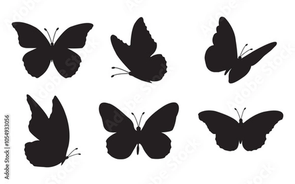 Fototapeta Flying butterflies icon symbols black silhouette vector set. Various butterflies black shapes set. Design element for print, icon, tattoo. fireflies and butterflies icons isolated on white background.