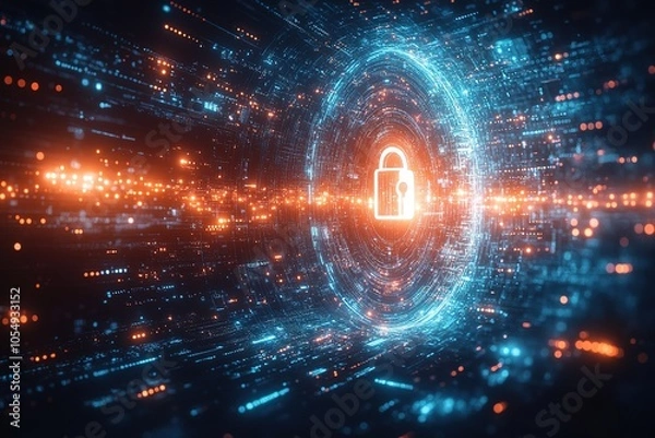Fototapeta A glowing padlock icon surrounded by swirling digital data.