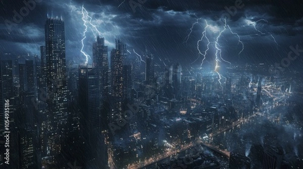 Fototapeta A night-time lightning storm over a large city, with bolts illuminating skyscrapers and casting dramatic shadows.