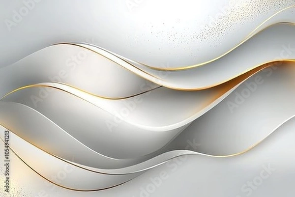 Fototapeta Abstract background with flowing white waves and golden lines.