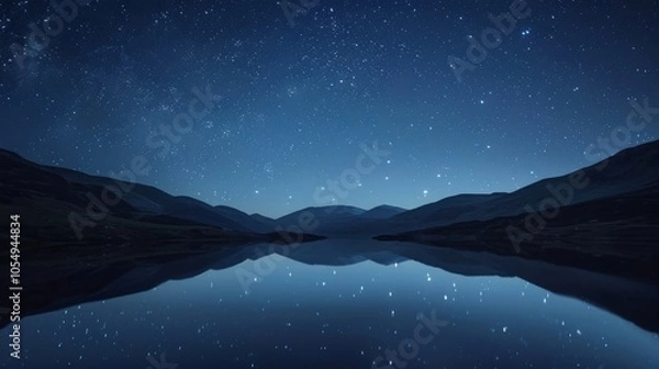Fototapeta A clear night sky reflected in a still lake, stars twinkling above and below