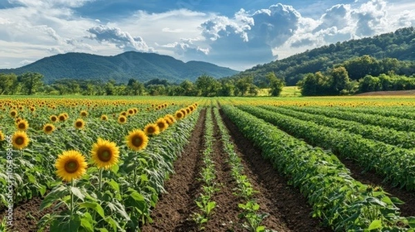 Fototapeta An organic farm with fields of sunflowers and crops rotated to maintain soil fertility and promote sustainability.