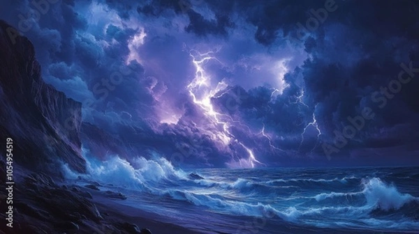 Fototapeta Lightning bolts striking the sea cliffs during a storm, with waves crashing below and clouds swirling overhead.