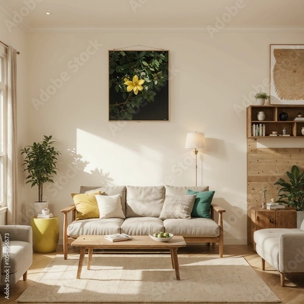 Fototapeta Serene and Artful Living Space with Vibrant Abstract Wall Decor
