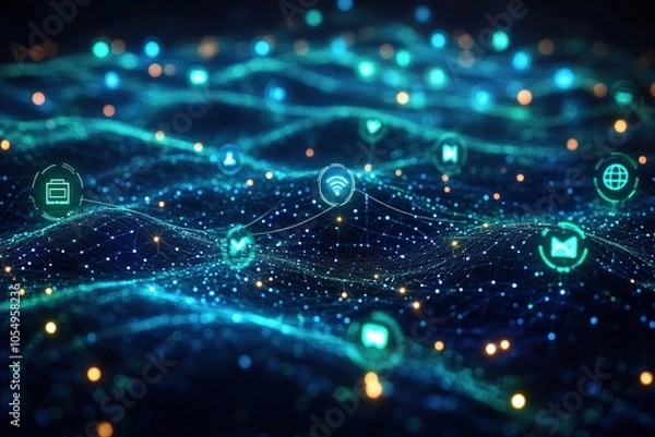Fototapeta Abstract blue digital wave with glowing icons representing communication and internet.