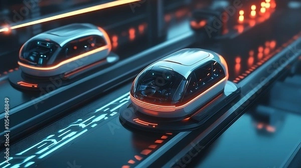 Fototapeta Futuristic autonomous vehicles traveling on illuminated tracks in a high-tech transit hub at night