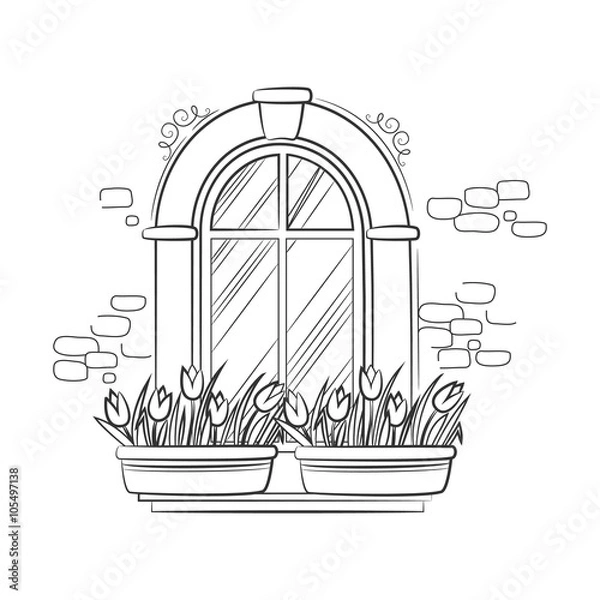 Fototapeta Window with flower tulips. Hand drawn sketch illustration isolated on white background