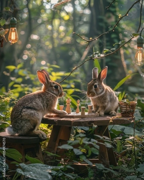 Fototapeta Two rabbits playing chess in the woods. AI.