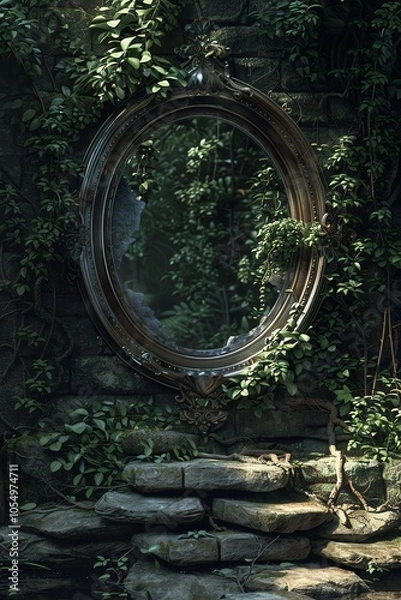 Fototapeta An enchanting mirror surrounded by lush greenery, offering a glimpse into a mystical world, bathed in soft natural light.