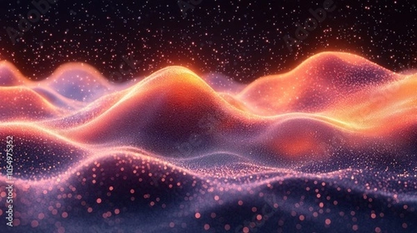 Fototapeta Surreal landscape of glowing waves in vibrant colors, showcasing a cosmic atmosphere with shimmering particles at night