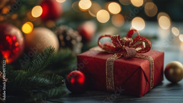 Fototapeta Red Christmas present with a bow and ribbon against a blurred lights background