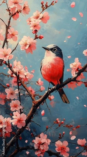 Fototapeta A vibrant bird perched on a cherry blossom branch, surrounded by petals.