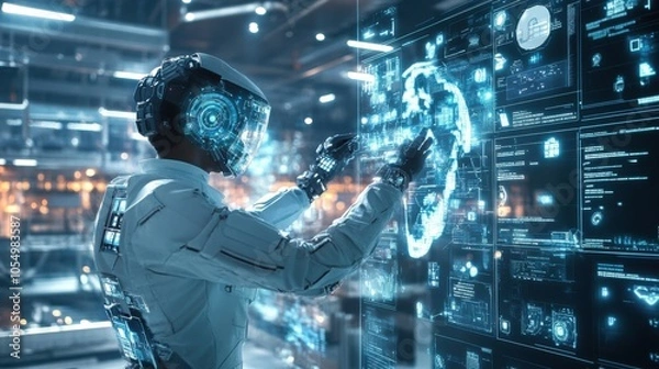 Fototapeta African American AI developer constructing a virtual entity's learning capabilities, with a tech