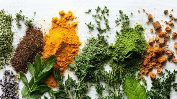 Fototapeta Close-up image of Thai herbal plants with separated powders on a transparent