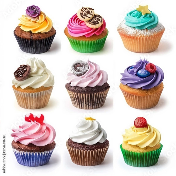 Fototapeta assortment of colorful cupcakes, bakery sweet food and pastries, cookie dessert or snack with cream and sugar
