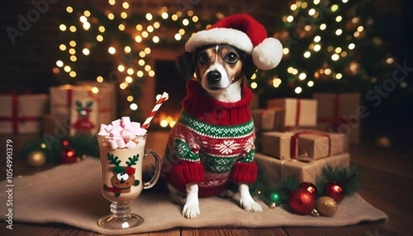 Fototapeta Adorable dog wearing a festive Santa hat and Christmas sweater, sitting beside a hot cocoa topped with marshmallows. A cozy holiday scene with glowing lights and wrapped gifts in the background.