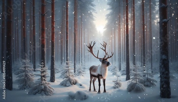 Fototapeta Majestic reindeer standing in a serene, snow-covered forest with towering pine trees and soft snowfall. A peaceful winter landscape capturing the magic of nature during the holiday season.