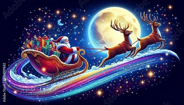 Fototapeta A magical Christmas illustration of Santa Claus riding his sleigh full of presents, pulled by reindeer through a starry night sky, with a glowing moon and vibrant cosmic trails.