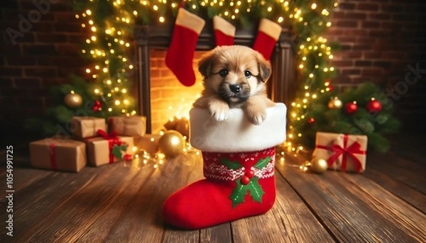 Fototapeta Adorable puppy nestled in a Christmas stocking by a cozy fireplace, surrounded by festive decorations, gifts, and twinkling lights, creating the perfect holiday spirit scene.