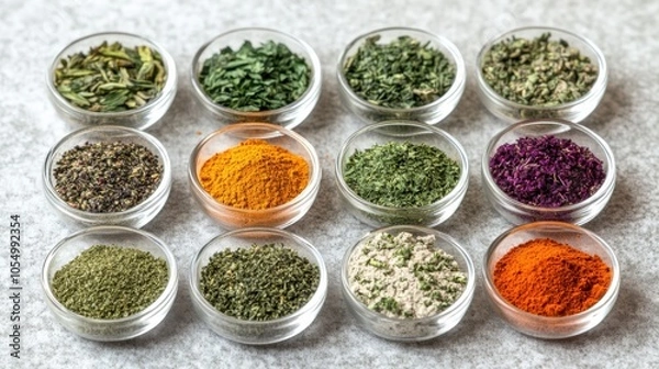 Obraz Macro shot of Thai medicinal herbs and their powdered forms displayed individually