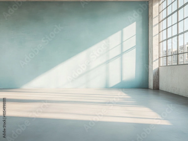 Fototapeta Bright spacious room with blue wall and large windows during the day