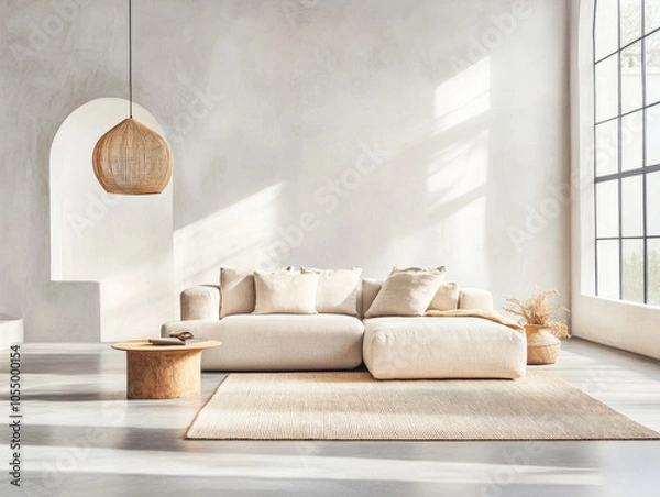 Fototapeta Modern minimalist living room with natural light and neutral tones in a stylish home