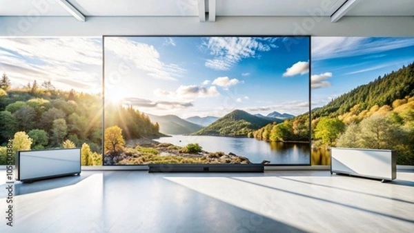Fototapeta A large screen TV displays a scenic landscape of a lake with mountains and trees in the background. The screen is mounted on a wall in a modern living room with large windows and white walls.