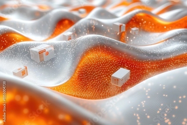 Fototapeta Abstract digital landscape with white boxes on orange glowing waves.